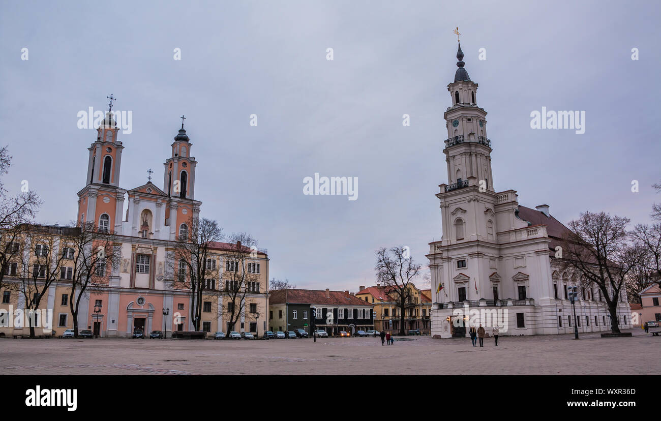 A picture of the Kaunas Market Square, featuring the Kaunas City Museum and the Church of St. Francis Xavier. Stock Photo