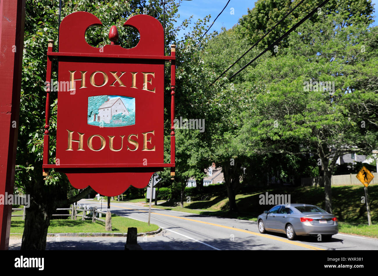 The sign board of Hoxie House, one of the oldest surviving houses in