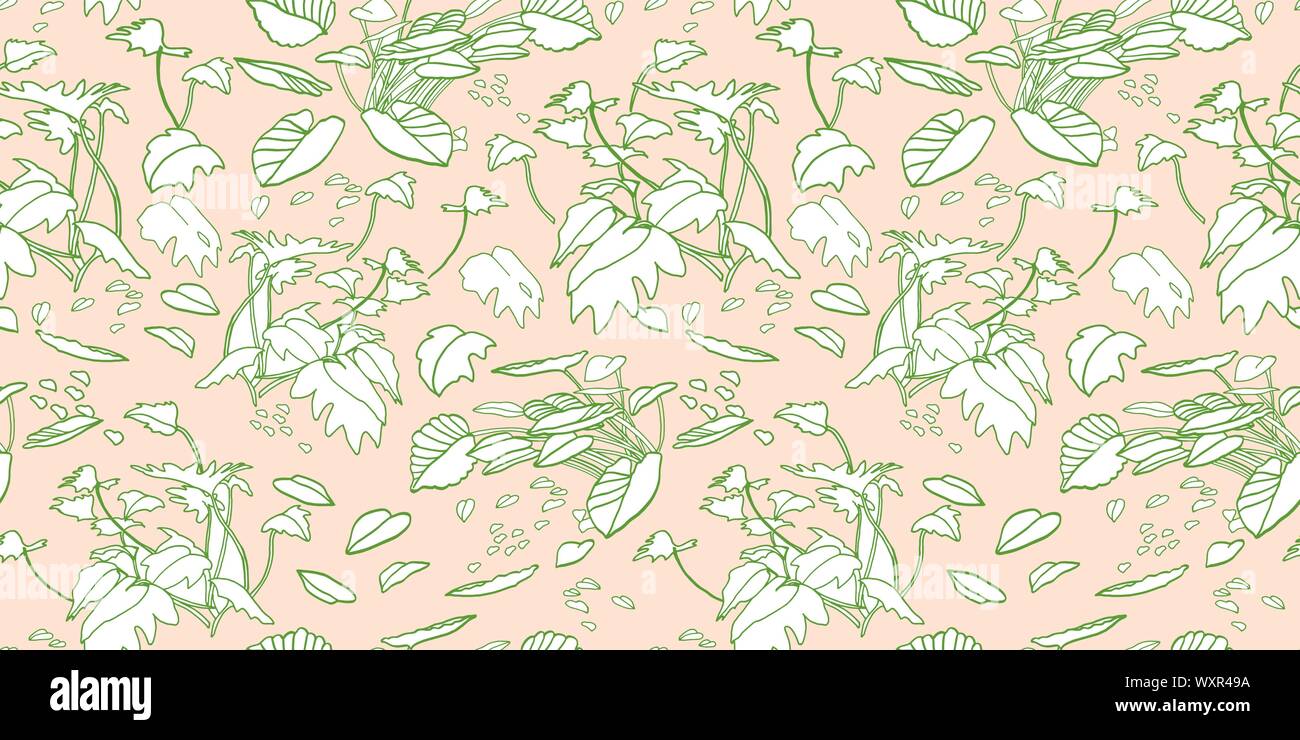 Modern exotic jungle leaf pattern. Scattered botanical leaf, line art doodle style, in pastel green an pink tones. Perfect for packaging design, home decor, fabric wallpaper and stationary. Stock Vector