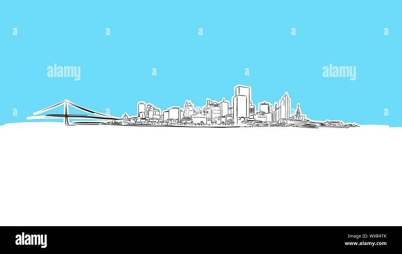 San Francisco Skyline Panorama Vector Sketch. Hand-drawn Illustration on blue background. Stock Vector