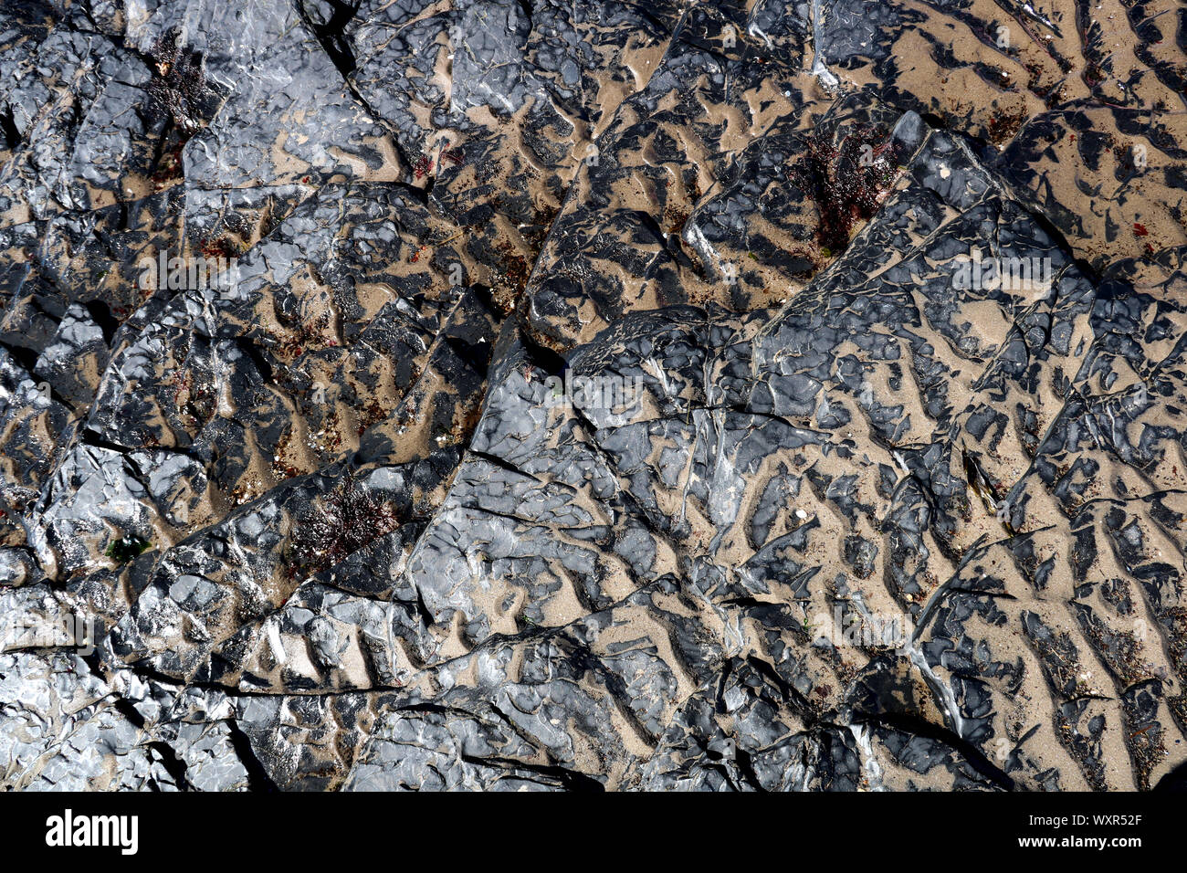 Rock formation with sand on coastal beach Stock Photo