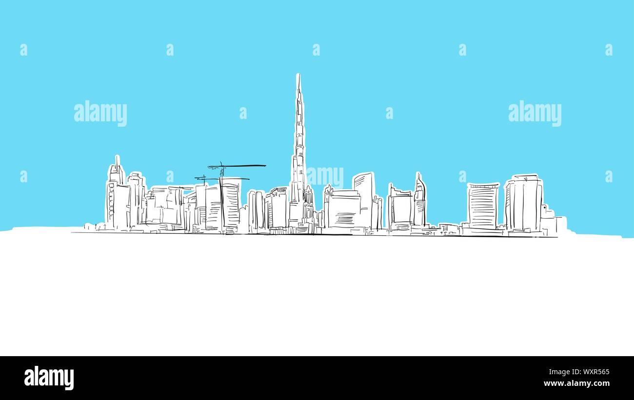 Dubai Skyline Panorama Vector Sketch. Hand-drawn Illustration on blue background. Stock Vector