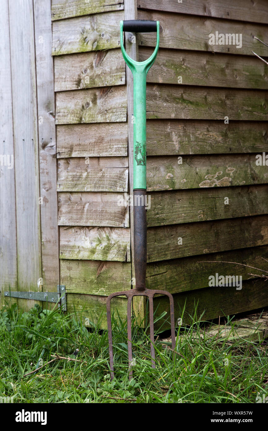 Old rusting gardening fork leaning against corner of old timber garden shed Stock Photo