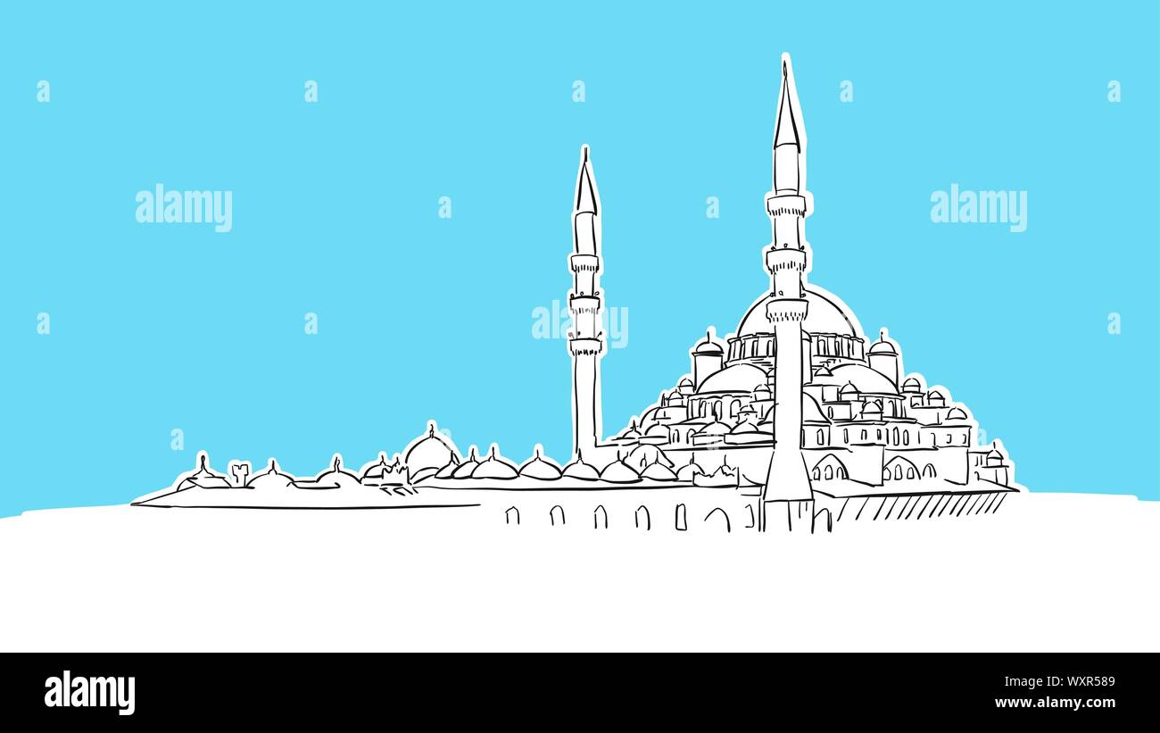 Istanbul Skyline Panorama Vector Sketch. Hand-drawn Illustration on blue background. Stock Vector