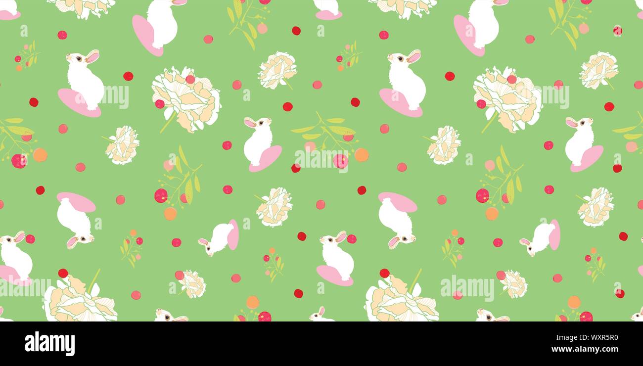 Green floral pattern with white rabbit, floral and pink dot. Surface pattern design. Stock Vector