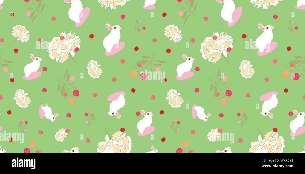 Green floral pattern with white rabbit, floral and pink dot. Surface pattern design. Stock Vector