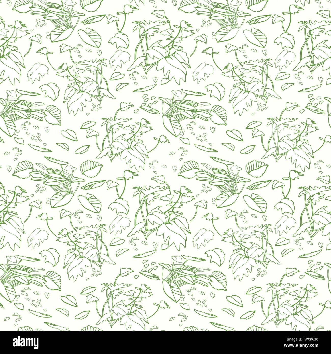 Modern exotic jungle leaf pattern. Scattered botanical leaf, line art doodle style, in pastel green tones. Perfect for packaging design, home decor, fabric wallpaper and stationary. Stock Vector