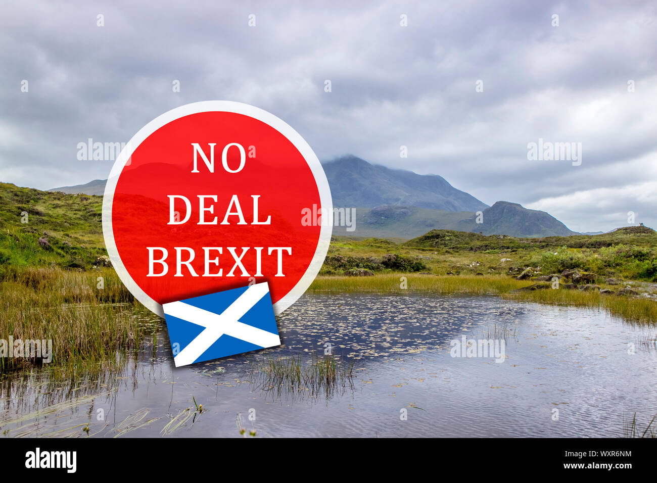 No deal BREXIT in Scotland/Ireland UK concept. Scottish Highland nature background with red warning sign. Stock Photo