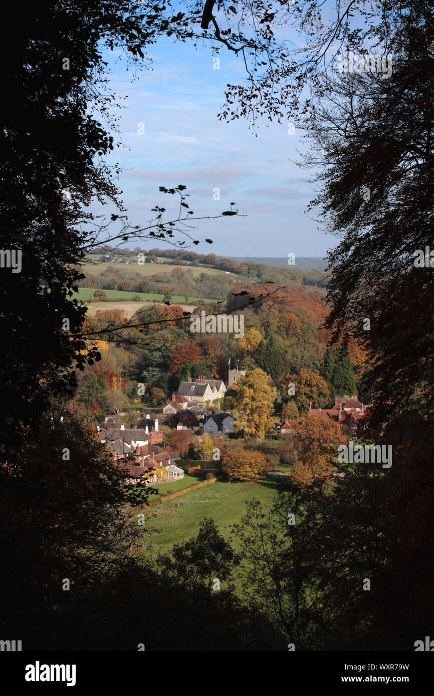 Selborne, Hampshire, UK, including the church of St. Mary's and Gilbert White's C18th house, The Wakes: seen from the beech 'hanger' above the village Stock Photo