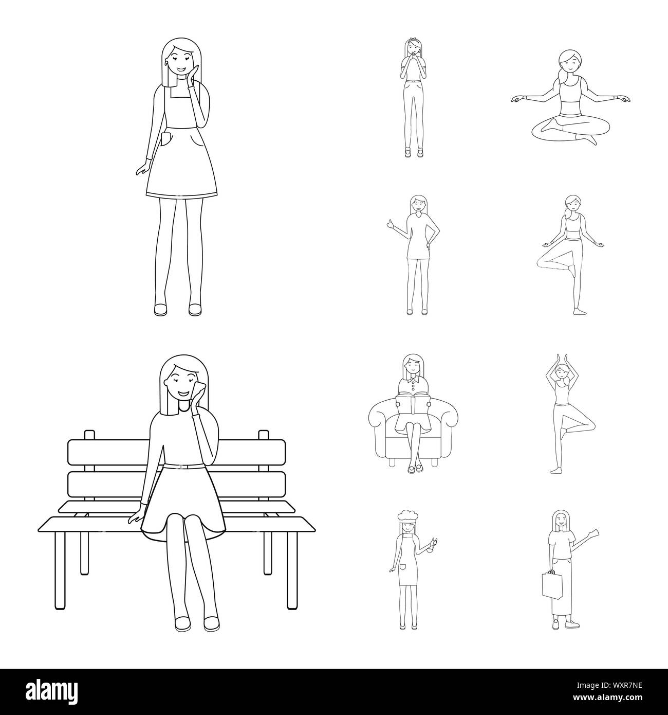 Vector illustration of posture and mood sign. Collection of posture and female stock vector illustration. Stock Vector