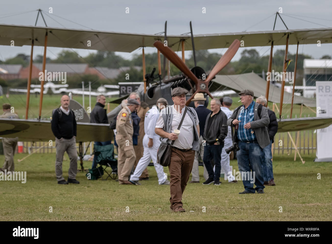 Royal Aircraft Factory BE2 British single-engine tractor two-seat biplane on display at the Goodwood Revival classic car show. Stock Photo