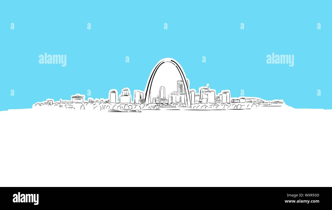 St Louis, Missouri Skyline Panorama Vector Sketch. Hand-drawn Illustration on blue background. Stock Vector