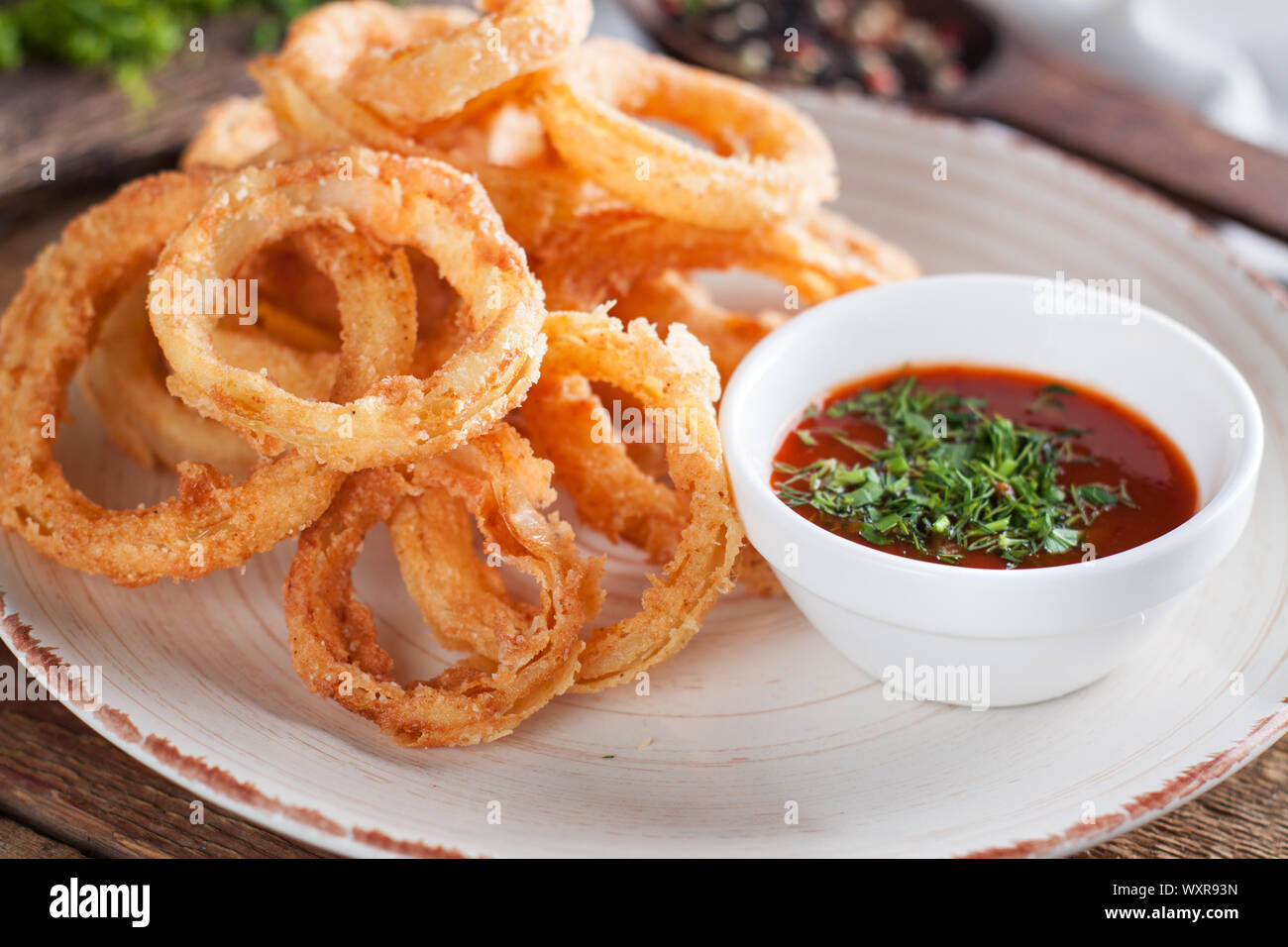 Homemade crunchy fried onion rings with tomato sauce Stock Photo Alamy