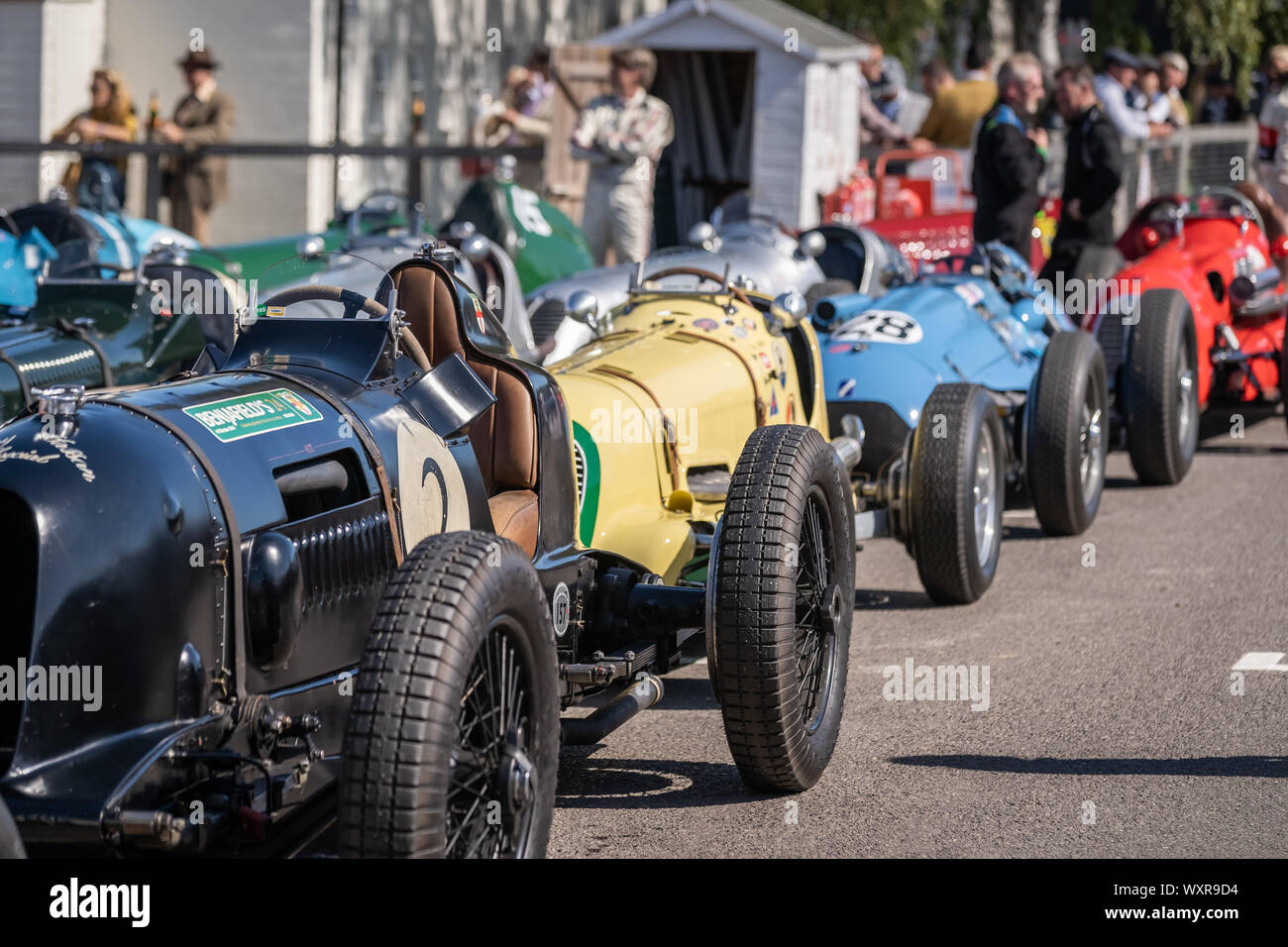 Vintage-themed Goodwood Revival. Britain’s greatest annual classic car show celebrates the mid-20th-century heyday of the Goodwood racing circuit. Stock Photo