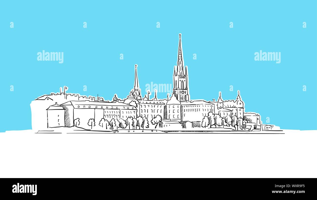 Stockholm Skyline Panorama Vector Sketch. Hand-drawn Illustration on blue background. Stock Vector