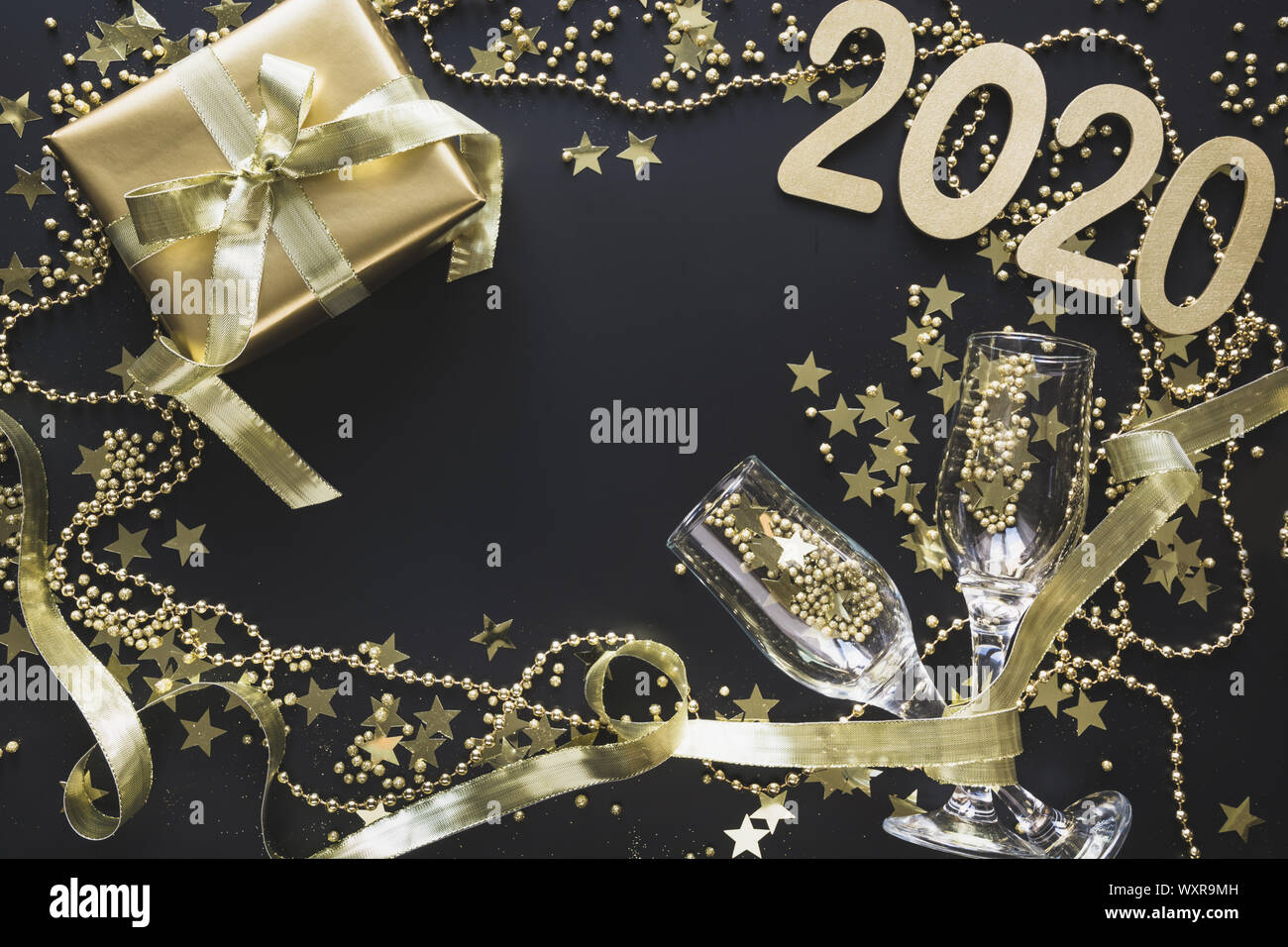 Luxury Golden Gift Box Withtwo Glass Champagne On Shine