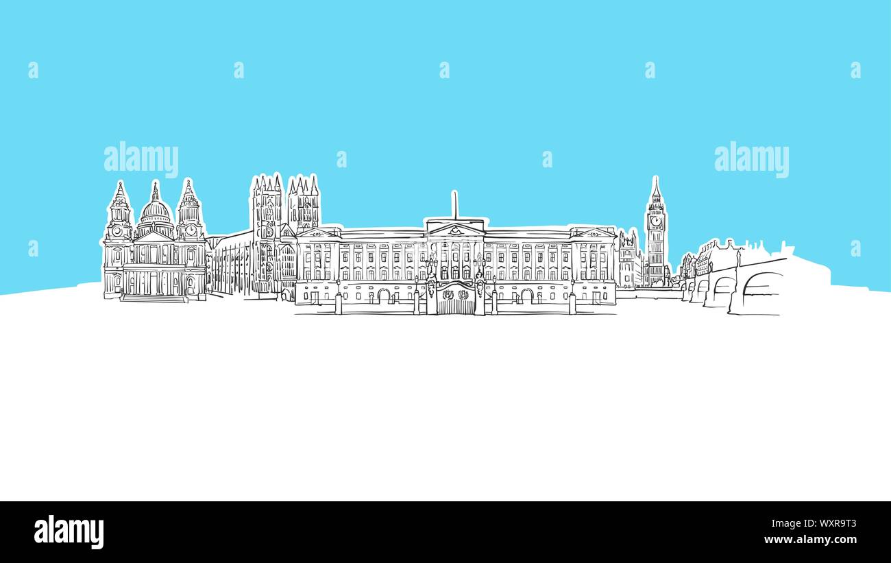 London, United Kingdom Skyline Panorama Vector Sketch. Hand-drawn Illustration on blue background. Stock Vector