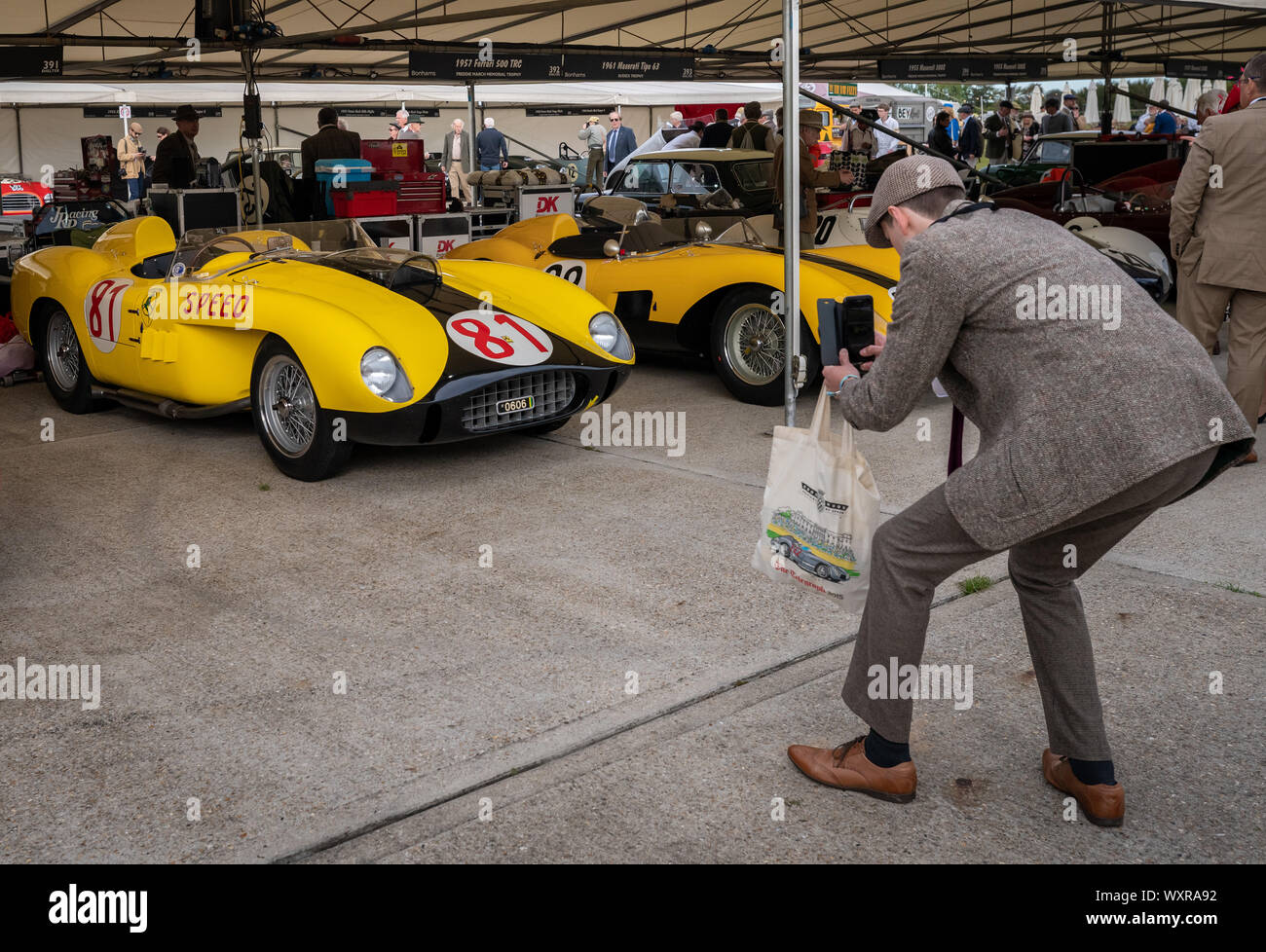 Vintage cars from the 1930's to the 1950's in the paddock during the Goodwood Revival car festival, UK. Stock Photo