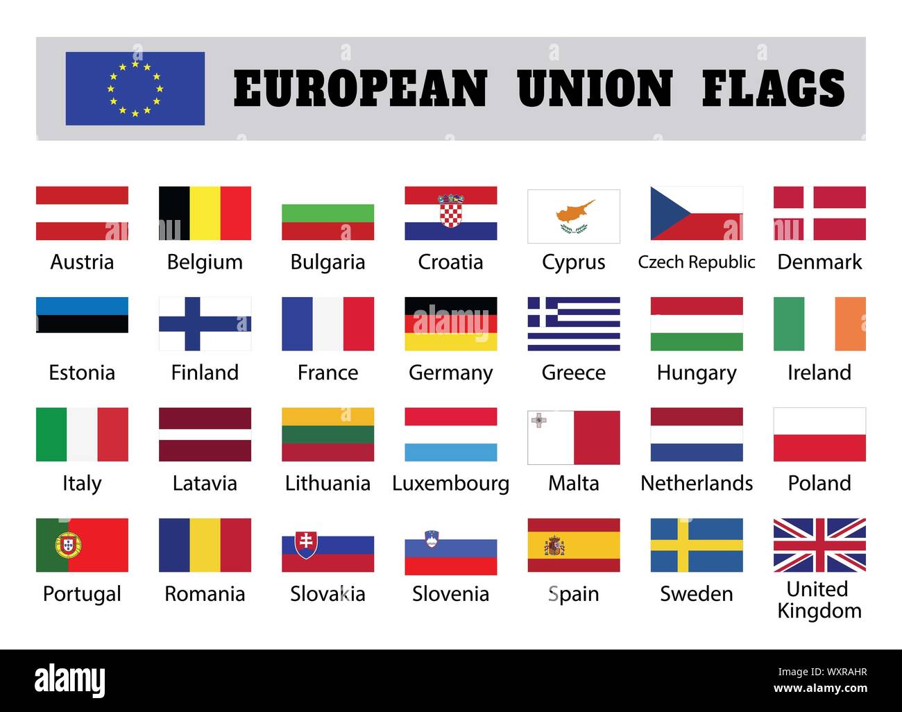 European union flags, twenty eight 28 European member countries Stock Photo