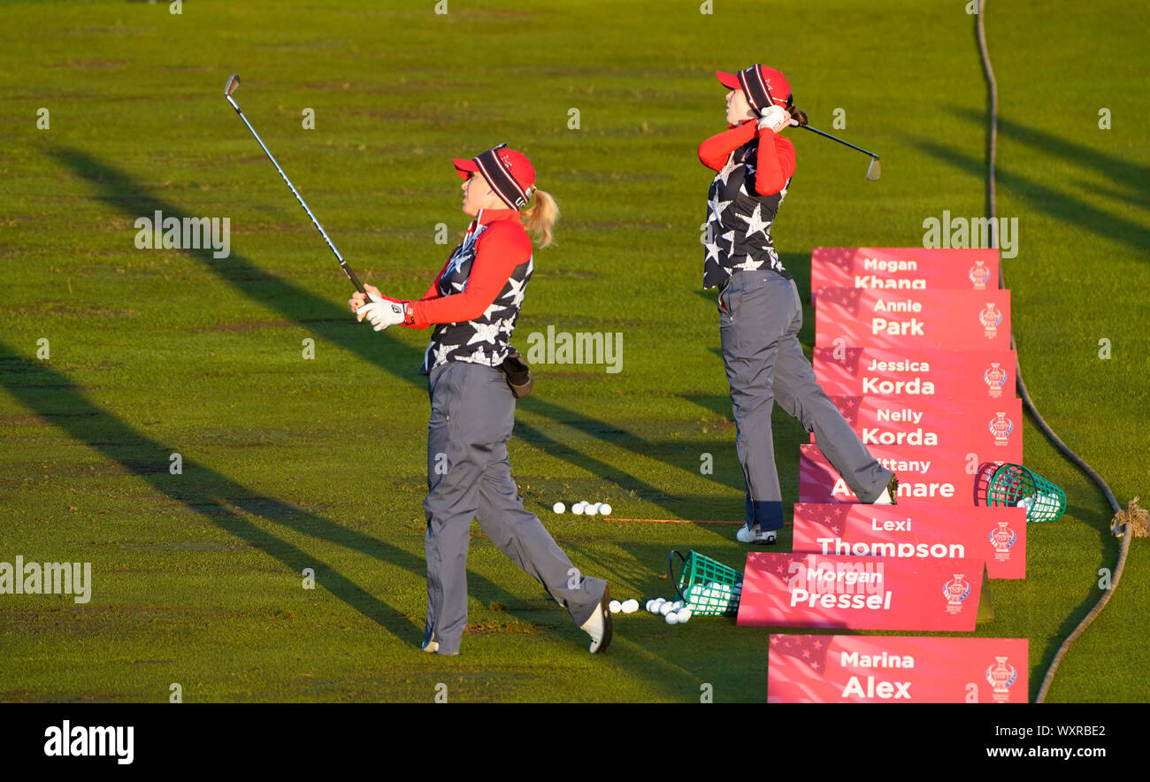 Solheim Cup 2019 at Centenary Course at Gleneagles in Scotland, UK. Morgan Pressel and Brittany Altomare of USA on practice range on final day Stock Photo