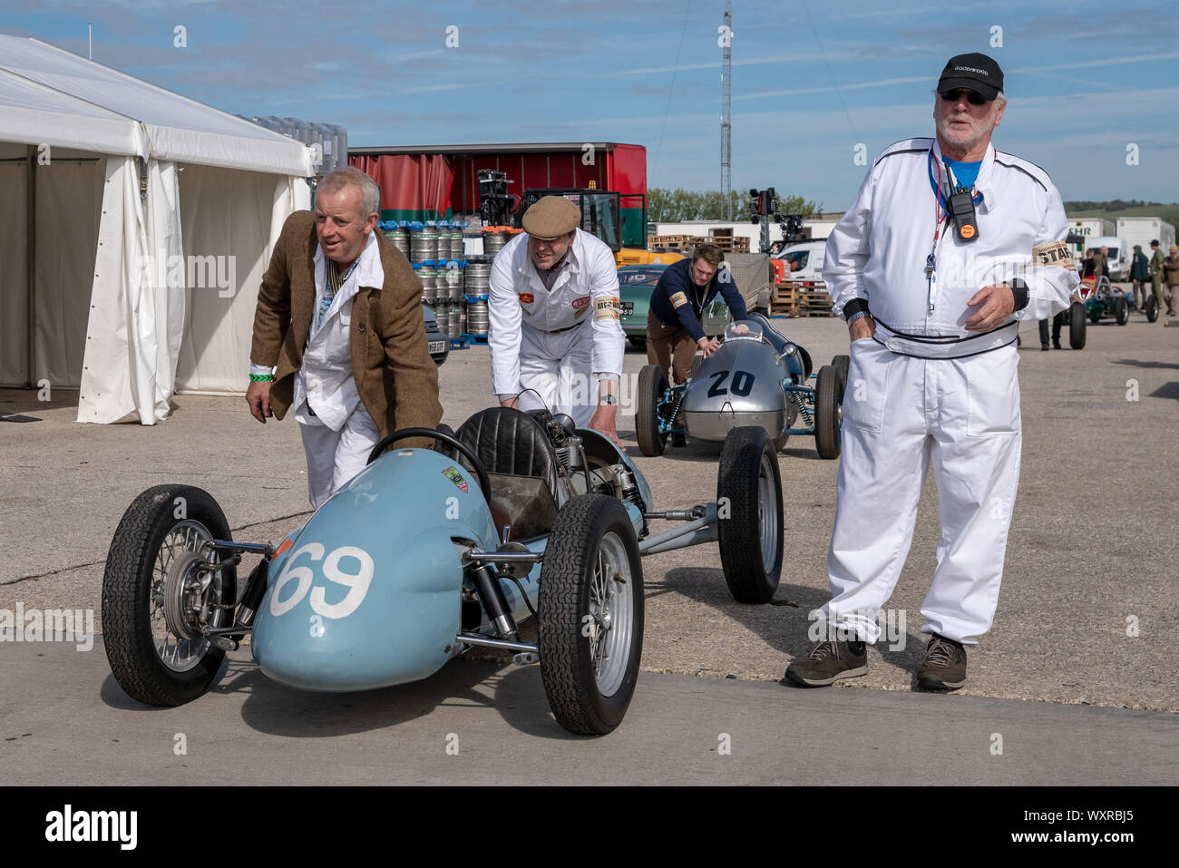 Vintage-themed Goodwood Revival. Britain’s greatest annual classic car show celebrates the mid-20th-century heyday of the Goodwood racing circuit. Stock Photo