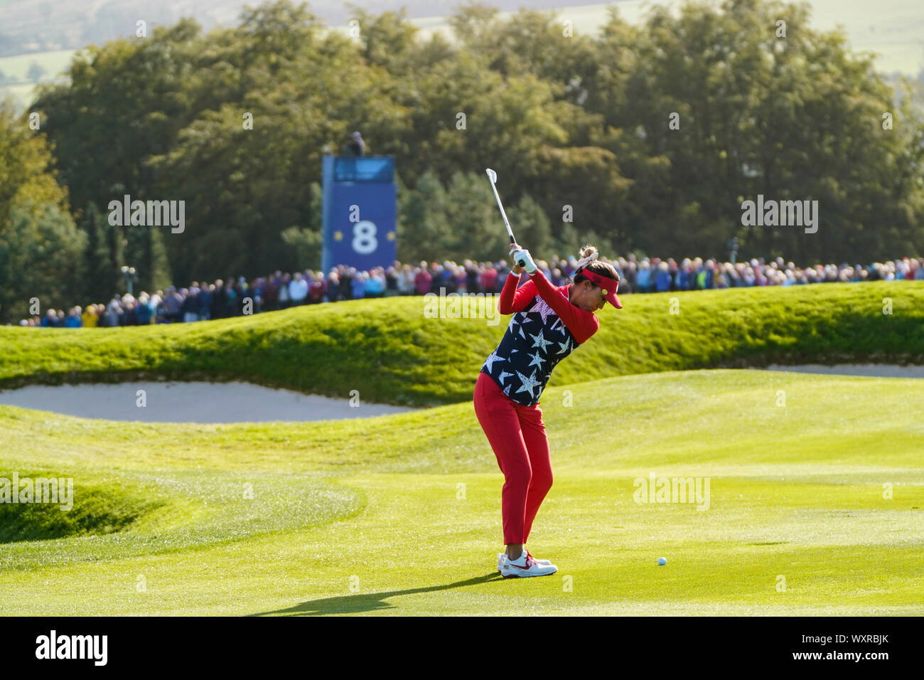 Solheim Cup 2019 at Centenary Course at Gleneagles in Scotland, UK. Annie Park of USA plays approach shot to the 8th hole during the Friday Morning Foursomes. Stock Photo