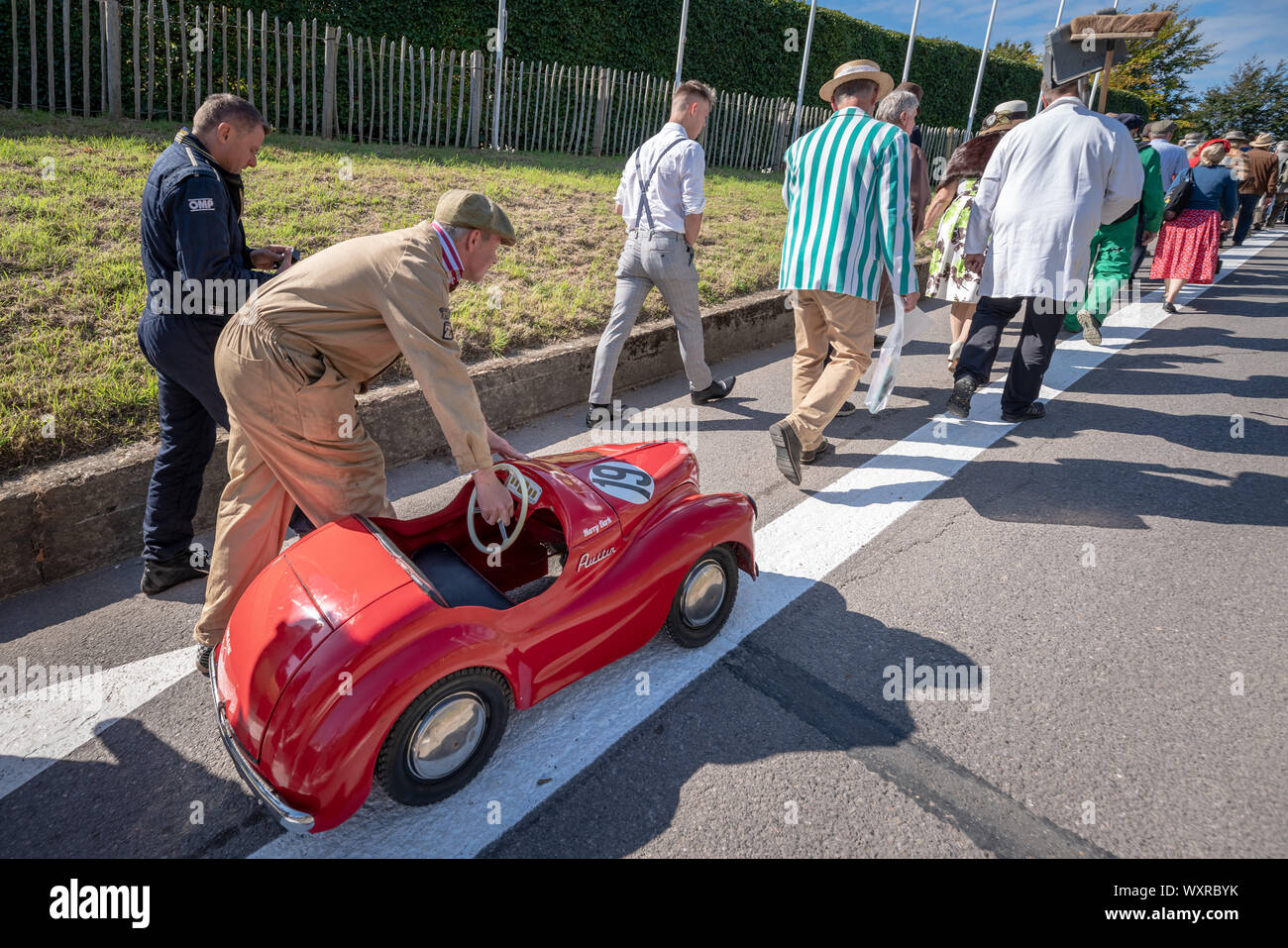 Vintage-themed Goodwood Revival. Britain’s greatest annual classic car show celebrates the mid-20th-century heyday of the Goodwood racing circuit. Stock Photo