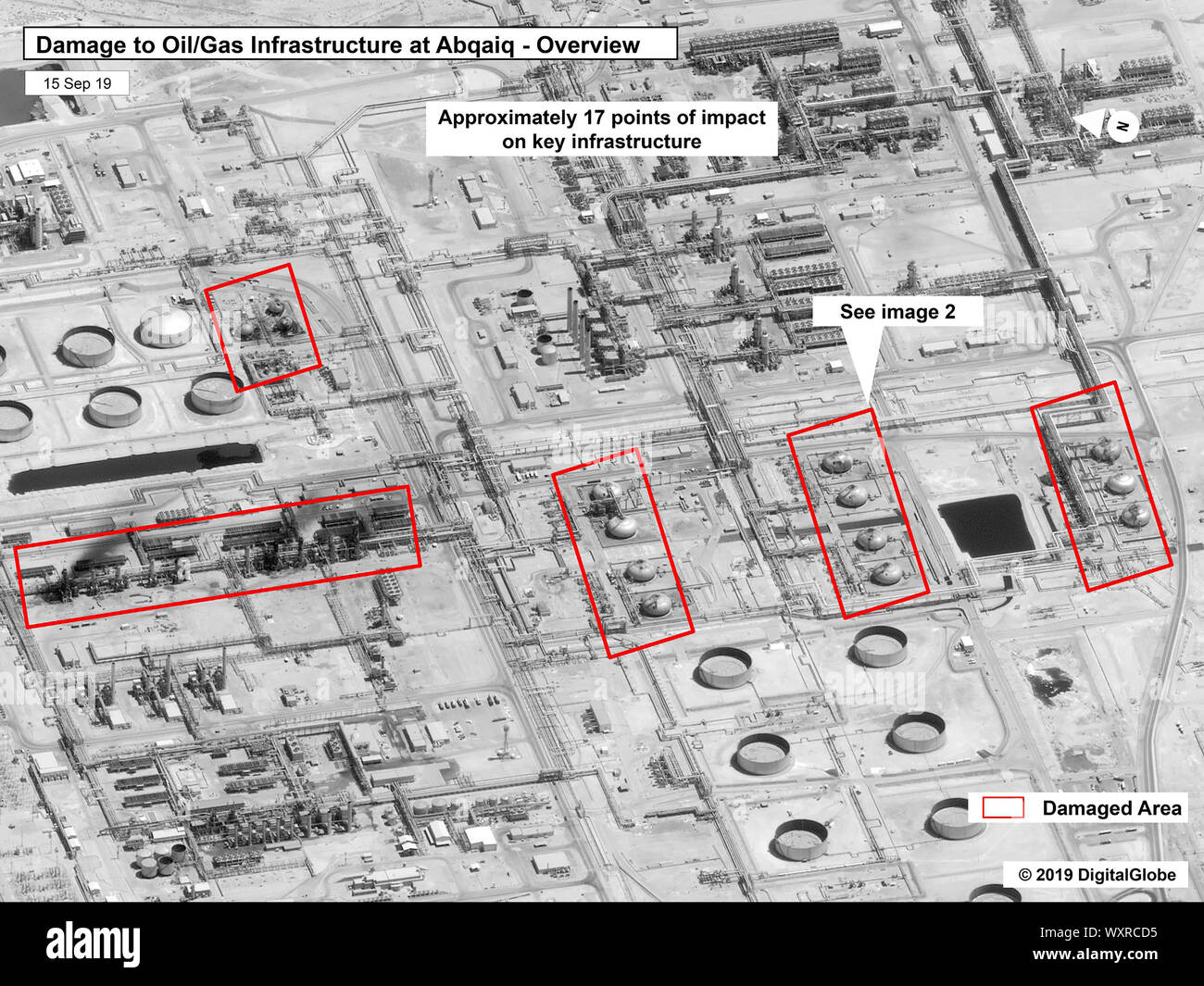 Saudi Arabia. 17th Sep 2019. Imagery released 15th Sep 2019. The damage caused by a drone attack on Saudi Aramco's Abaqaiq oil processing facility in Buqyaq, Saudi Arabia, can be seen in this image released by the U.S. government and DigitalGlobe on September 15, 2019. The attack on this and Saudi Aramco's Kuirais oil field has halted oil production of 5.7 million barrels of crude oil per day. Photo via U.S. Government/DigitalGlobe/UPI Credit: UPI/Alamy Live News Stock Photo
