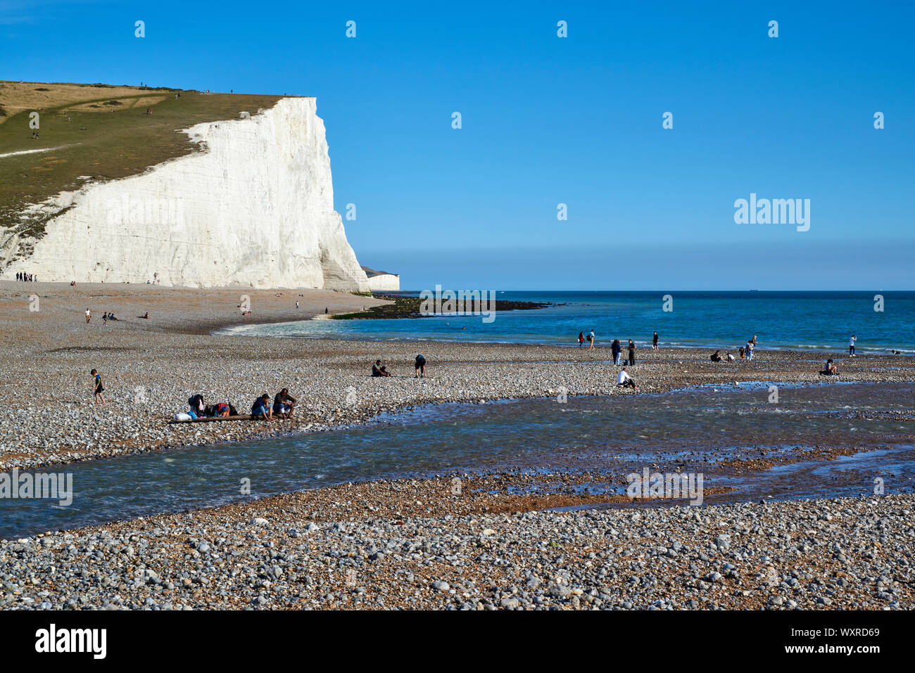 Day trippers on the beach at Cuckmere Haven, near Eastbourne, East Sussex UK, with chalk cliffs in background Stock Photo