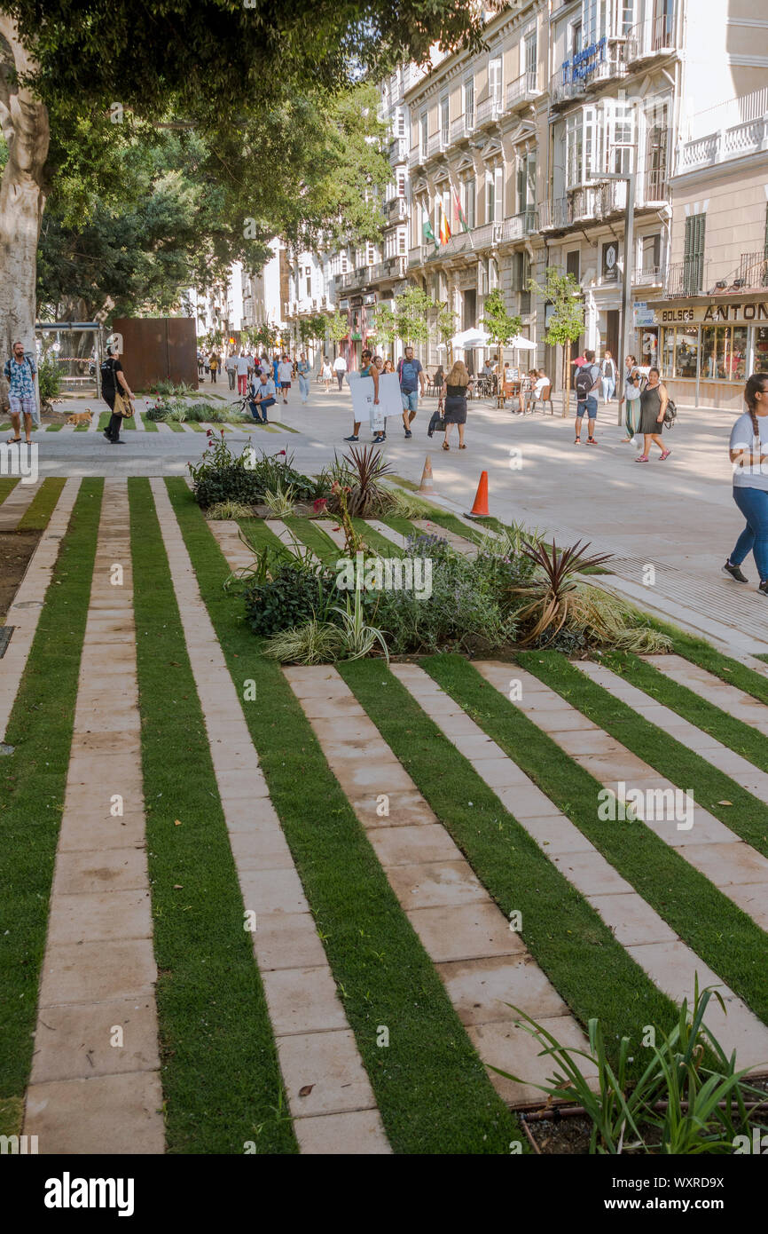 Malaga city, after construction works, Alameda Pricipal, recently pedestrianised. Andalusia, Spain Stock Photo