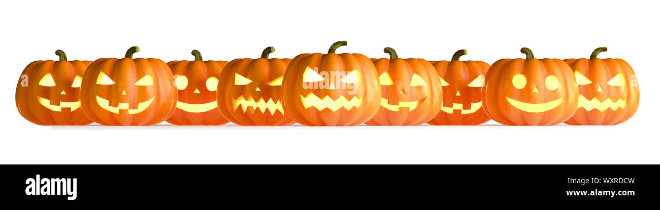 Many Halloween Pumpkins in a row isolated on white background. 3D Rendering illustration Stock Photo