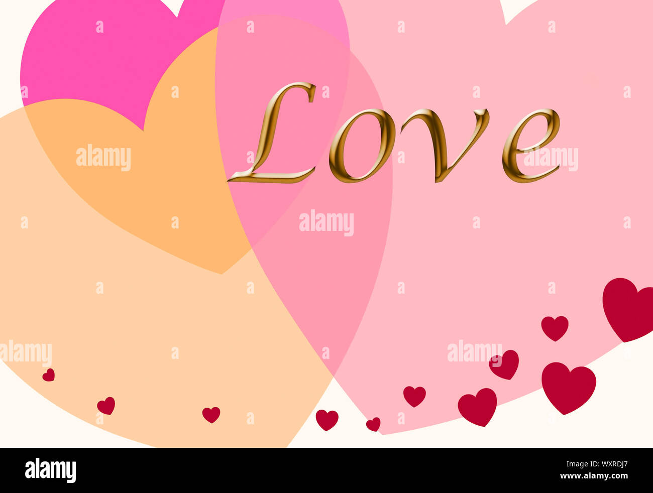 Pretty pastel colored hearts with the word LOVE in raised gold lettering Stock Photo