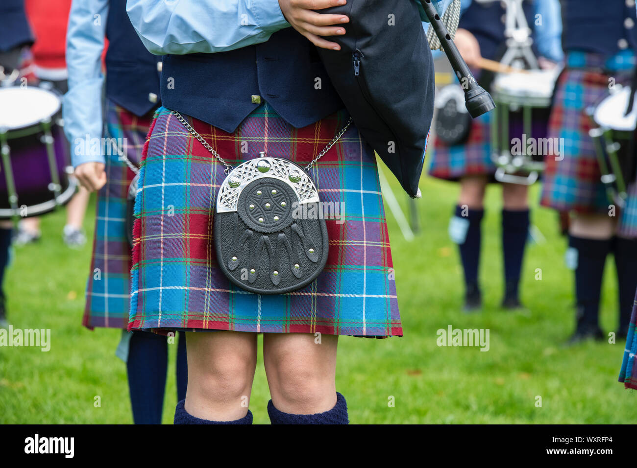 Burntisland and District Pipe Band playing bagpipes at Peebles highland games. Scottish borders, Scotland Stock Photo