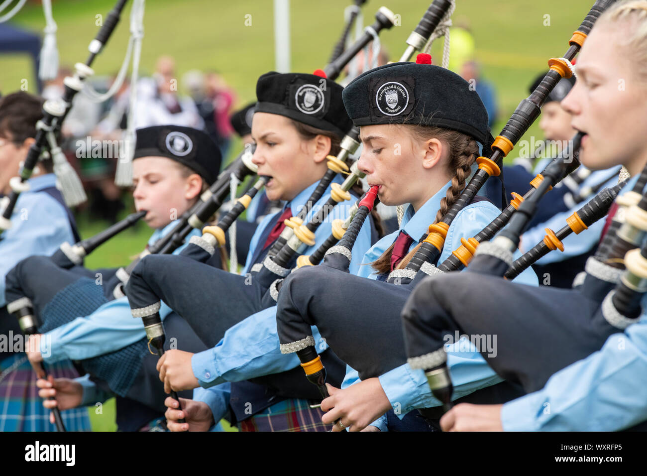 Burntisland and District Pipe Band playing bagpipes at Peebles highland games. Scottish borders, Scotland Stock Photo