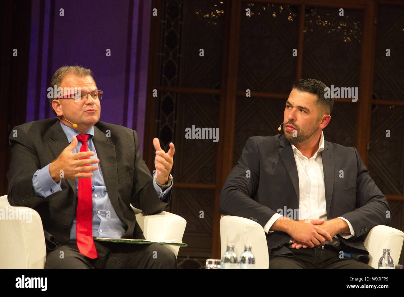 Vienna, Austria. 17th September 2019. Panel Discussion of the Vienna Freedom Academy on Political Islam. 'Political Islam as a challenge for internal security' with (L) Hans-Jörg Jenewein FPOE (Austrian Freedom Party) and  ex-jihadist, author and advisor (R)   Irfan Peci at the Palais Ferstel in Vienna on 17 September 2019. Credit: Franz Perc/Alamy Live News Stock Photo