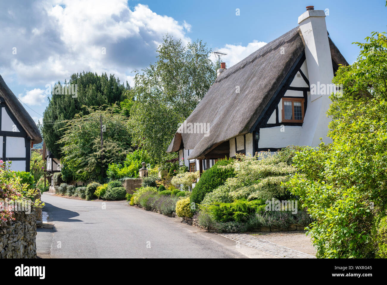 Thatched black and white timber framed cottage along manor lane. Little Comberton , Cotswolds, Wychavon district, Worcestershire, UK Stock Photo