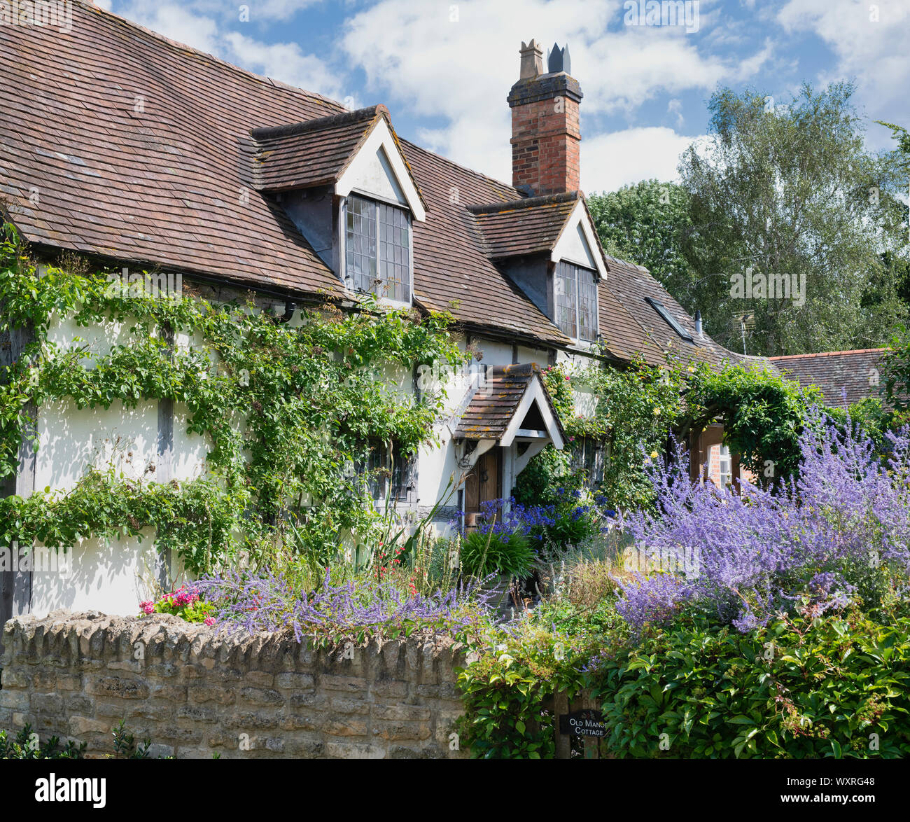 Timber framed cottage and front garden. Little Comberton, Cotswolds, Wychavon district, Worcestershire, UK Stock Photo