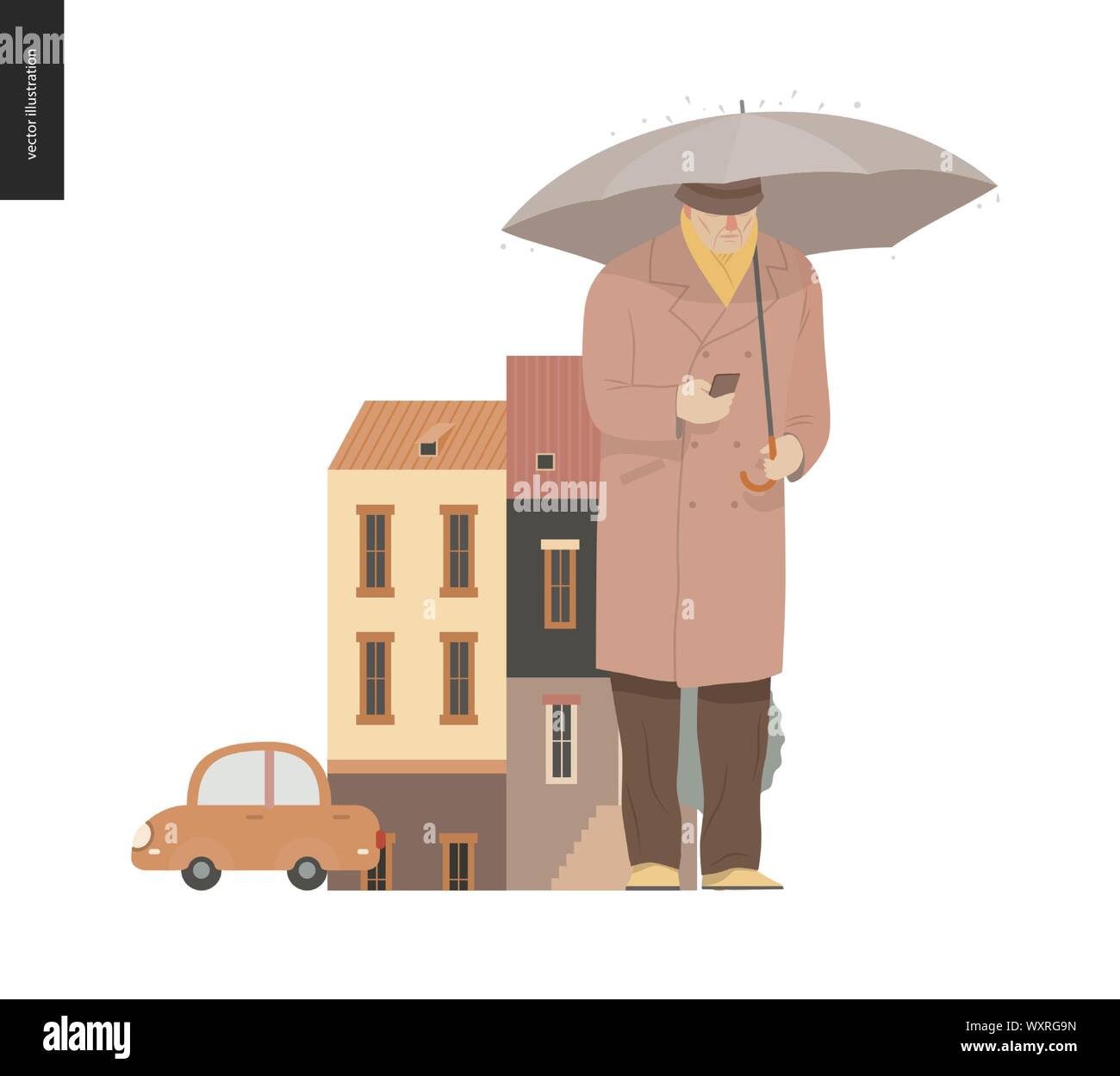 Rain - synding man -modern flat vector concept illustration of senior man wearing a coat and hat, using a phone standing with an umbrella under the ra Stock Vector