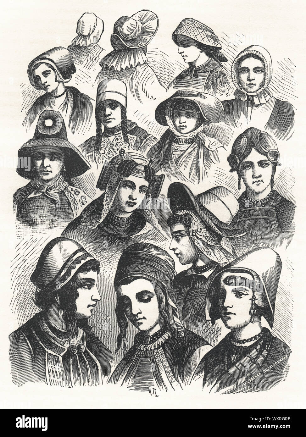 Drawings of Vasnetsov and Panov from the book: Life of European Peoples. Residents of the North. Author E.N. Vodovozova, 1899.  Dutch Women in the folk headgears, Holland Stock Photo