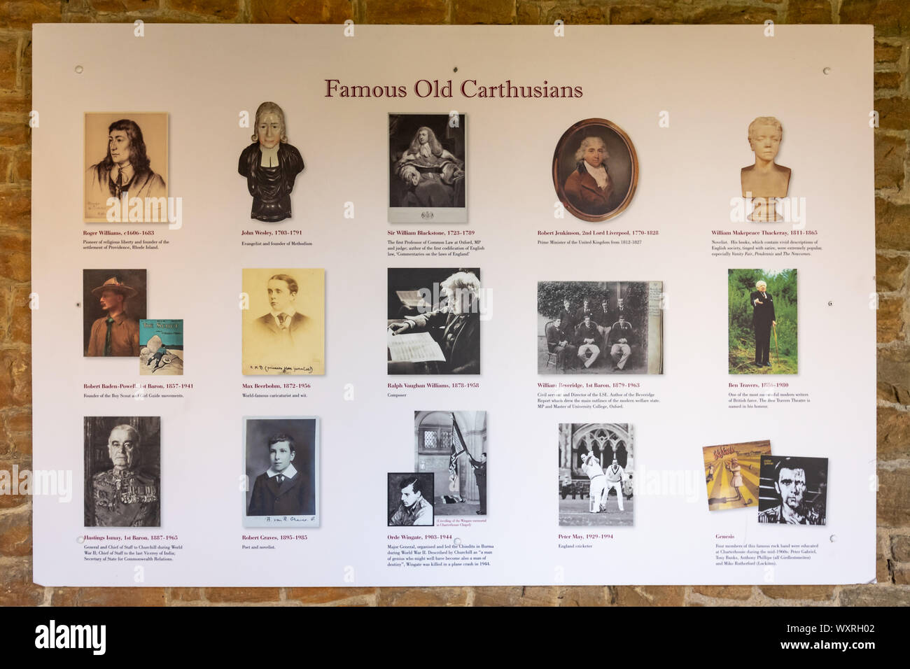 Charterhouse School, a historic boarding school in Surrey, UK. Information board about famous Old Carthusians (old school pupils) Stock Photo