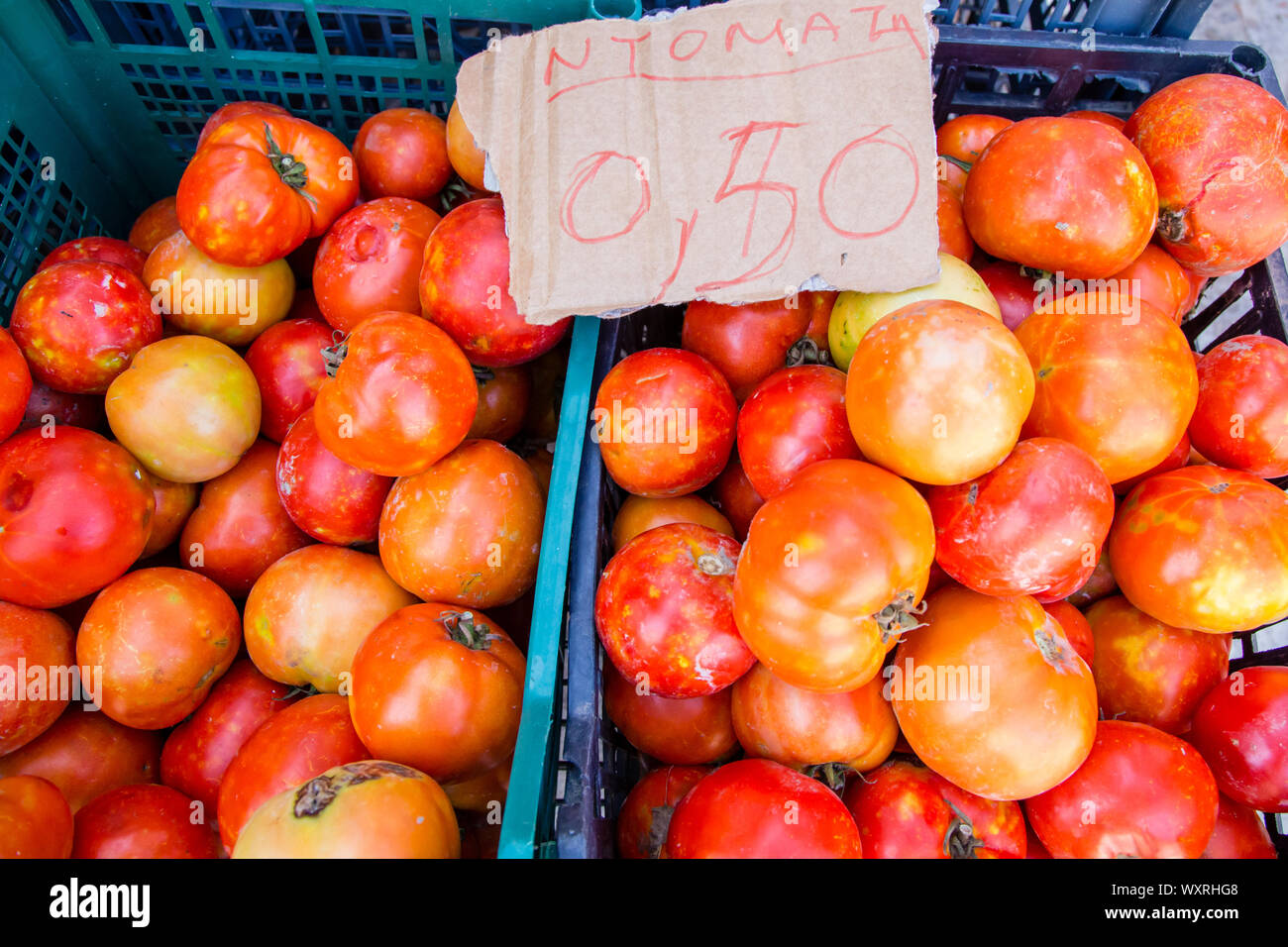 Tomatoes on sale at the weekly street market in Lefkada Town on Lefkada / Lefkas Island, Greece Stock Photo