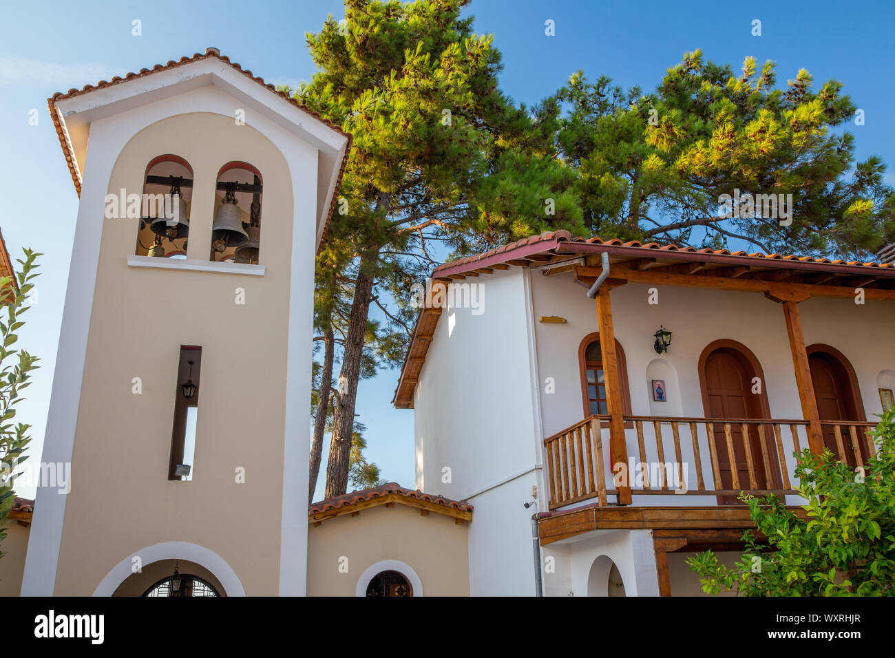 Bell tower and buildings at Faneromeni Monastery on Lefkada / Lefkas Island, Greece Stock Photo
