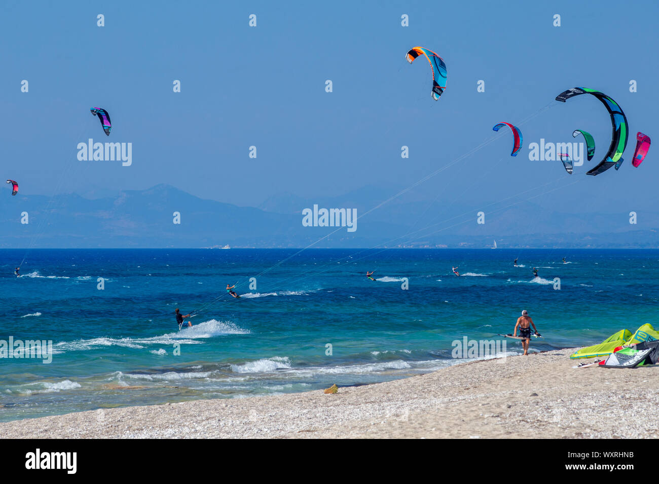 Kitesurfing at Agios Ioannis beach, Lefkada / Lefkas Island, Greece Stock  Photo - Alamy
