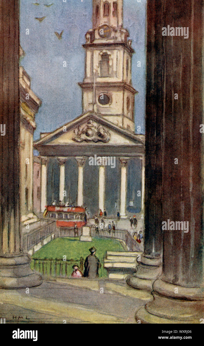 St Martin's in The Field, from the Potico of the National Gallery, c1925. By Horace Mann Livens (1862-1936). St Martin-in-the-Fields is an English Anglican church at the north-east corner of Trafalgar Square in the City of Westminster, London. It is dedicated to Saint Martin of Tours. The present building was constructed in a Neoclassical design by James Gibbs in 1722-1726. Stock Photo