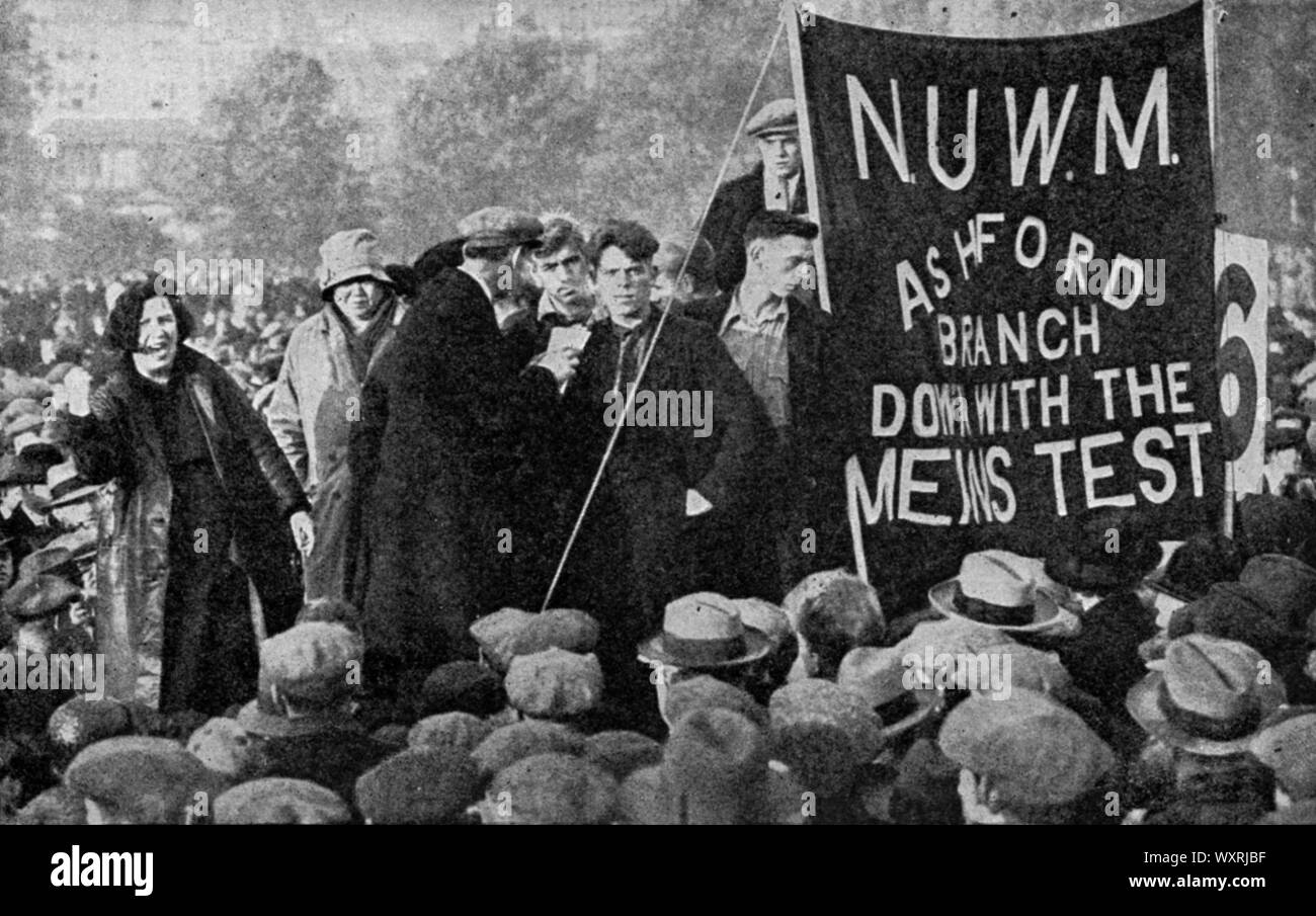 Hunger marches in London, October 1932. The National Hunger March of September/October 1932 was the largest of a series of hunger marches in Britain of the 1920s and 1930s. Due to the Great Depression and mass unemployment, throughout 1932 there was a profound atmosphere of unrest across Britain. With unemployment reaching 2,750,000 the 1932 National Unemployed Workers' Movement organised the 'Great National Hunger March against the Means Test'. Stock Photo