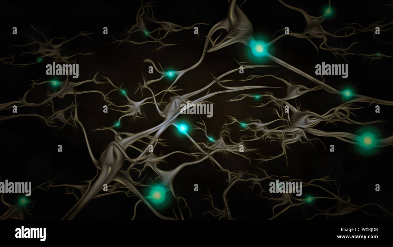 Brain cells with electrical firing. Neurons. Unique Sci-Fi Art Stock Photo