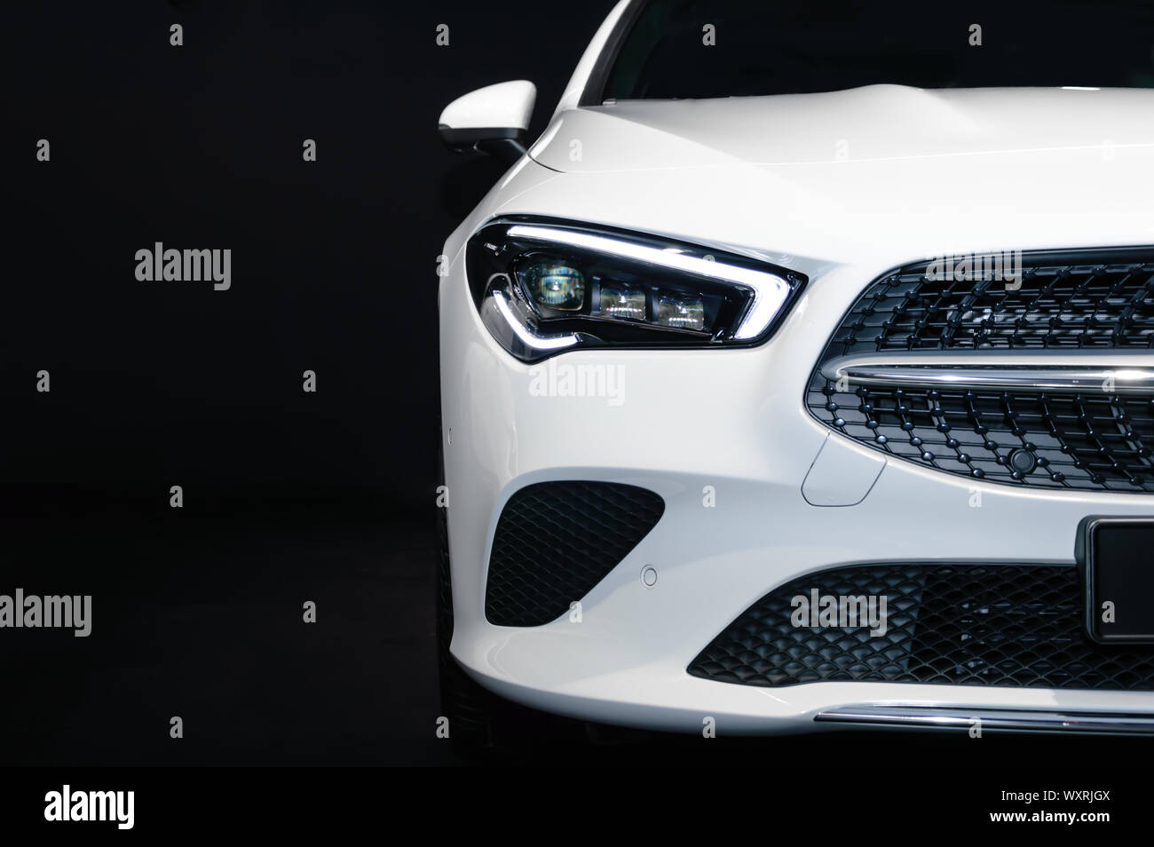 FRANKFURT - SEP 15, 2019: white Mercedes-Benz CLA 200 Shooting Brake at IAA 2019 International Motor Show, compact luxury car. Close-up of front and h Stock Photo
