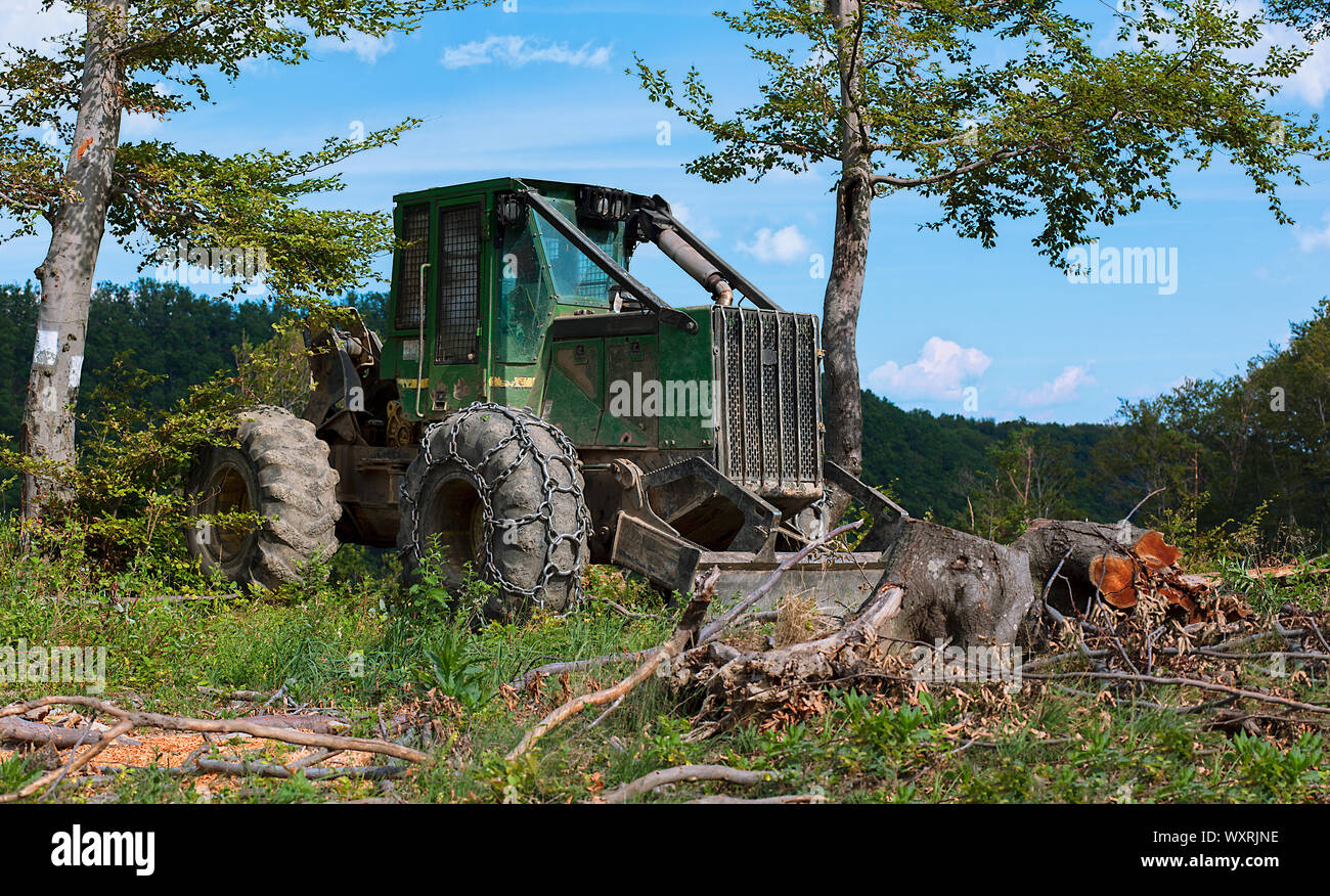 Skidder tractor with heavy chains on tires in lush forest on the mountain top Stock Photo Alamy