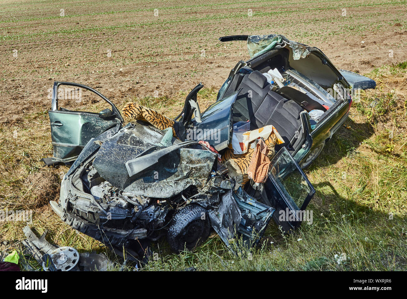 Svetciems, Latvia, August 29, 2019: accident on a road, car collision with a heavy truck Stock Photo