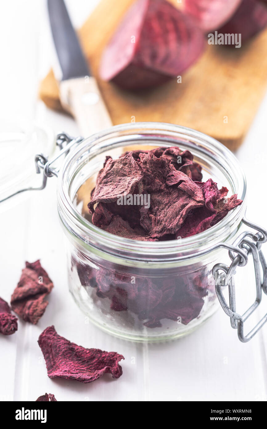 Tasty raw beetroot. Dried beetroot in jar. Stock Photo